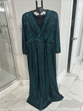 Ever Pretty Teal Green Sequin Wrap Maxi Dress with Long Sleeves